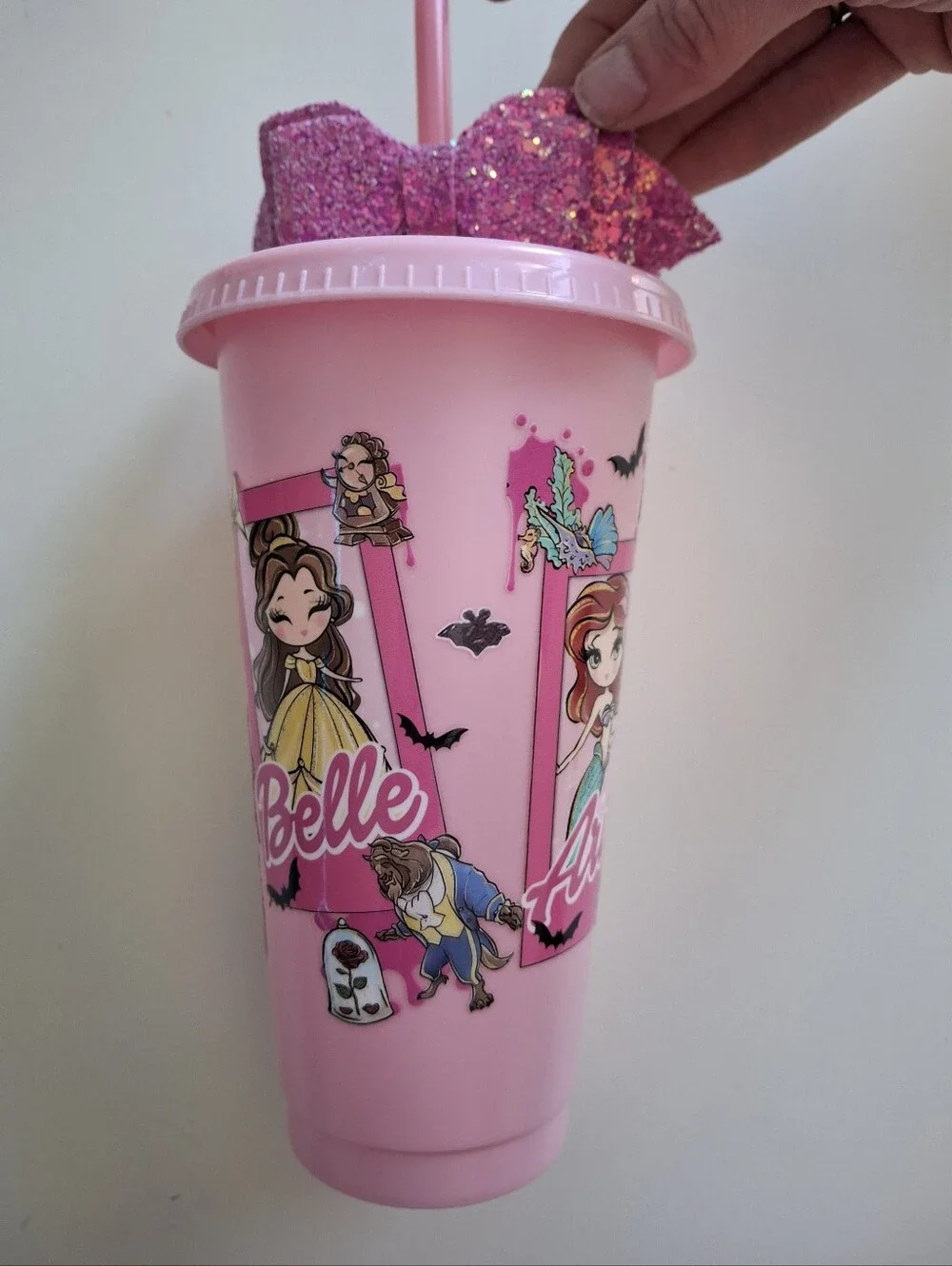 Disney Princess pink tumbler cup with glitter bow new wonderland